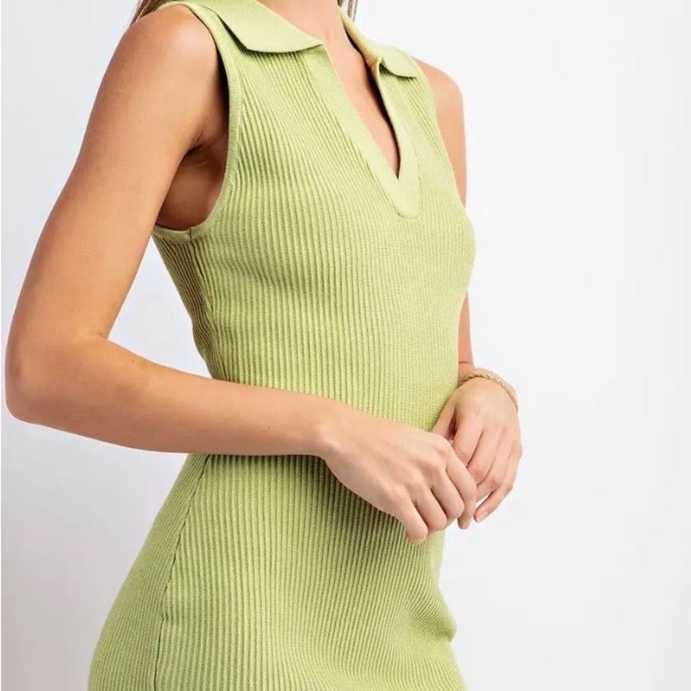 ee:some NWT Avocado Green Sleeveless Ribbed Knit Collared Mini Dress - Picture 7 of 7